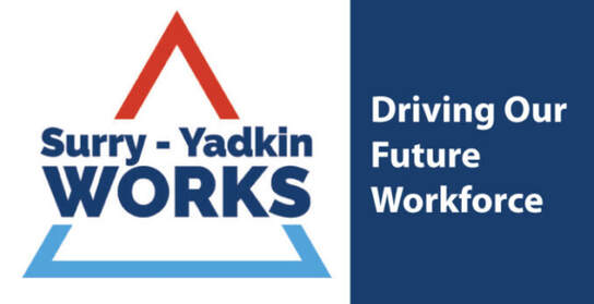 Surry Yadkin Works Logo: Surry Yadkin Works, Driving Our Future Workforce. Image text says: Surry-Yadkin Works Places 80 Interns for Spring Semester (3/3/2022).