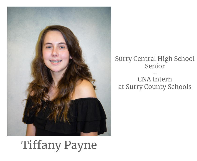 Headshot image of an intern. Image text says: Tiffany Payne, Surry Central High School Senior. Certified Nursing Assistant (CNA) Intern at Surry County Schools.