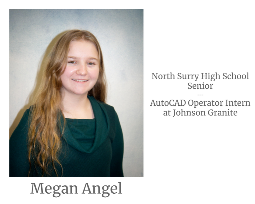 Headshot image of an intern. Image text says: Megan Angel, North Surry High School Senior. Auto Computer-Aided Design Operator Intern at Johnson Granite.