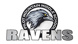 Pilot Mountain Middle School Logo. Image text says: Pilot Mountain Middle School Ravens.
