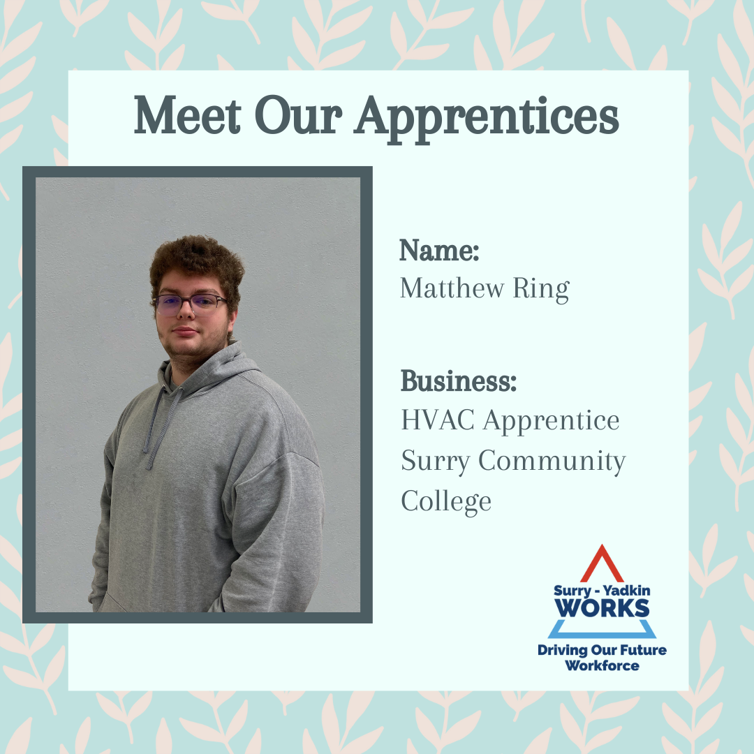 Surry-Yadkin Works Logo: Surry-Yadkin Works, Driving Our Future Workforce. Headshot photo of a person. Image text says: Meet Our Apprentices. Name, Matthew Ring. Business, Heating, Ventilation, and Air Conditioning Apprentice. Surry Community College.