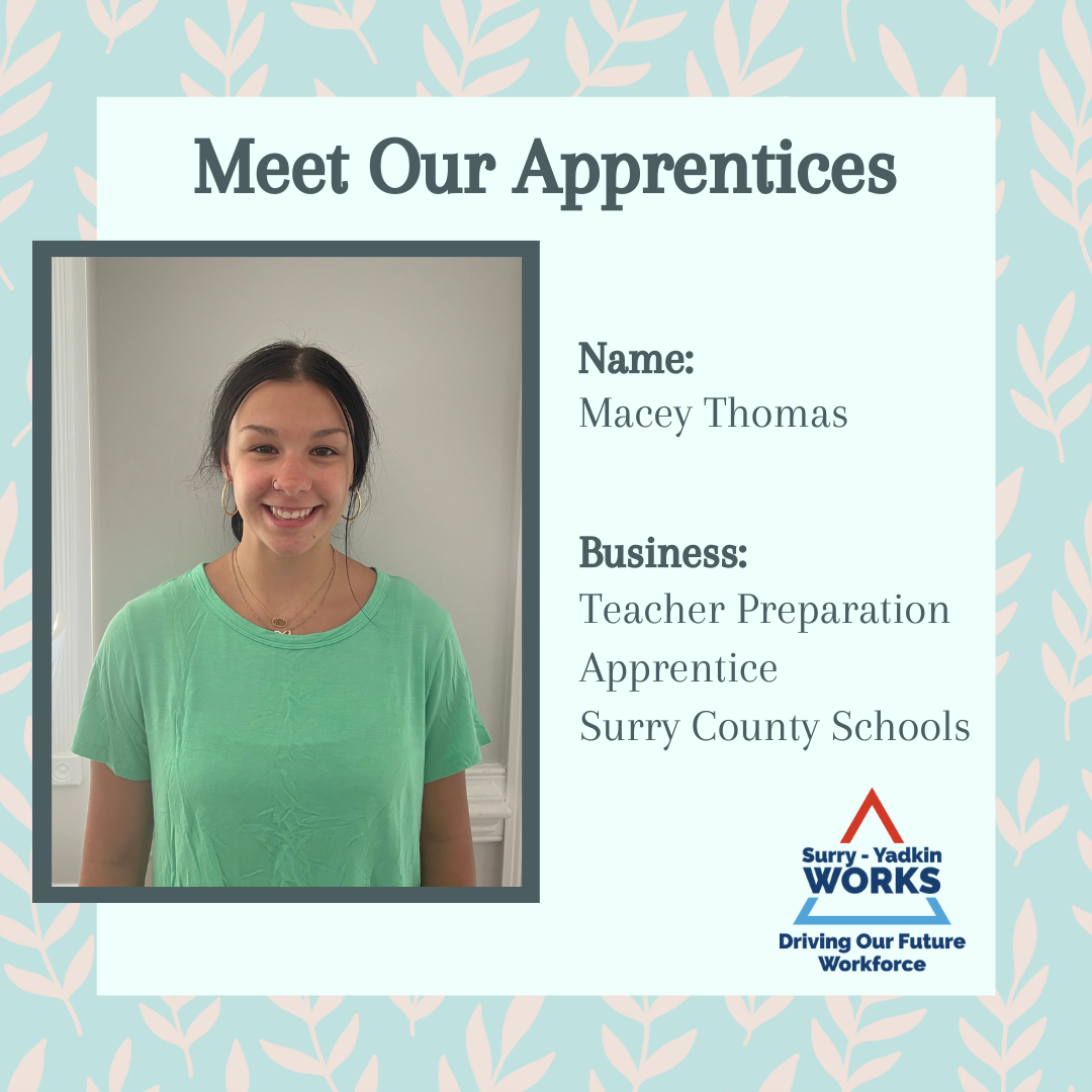 Surry-Yadkin Works Logo: Surry-Yadkin Works, Driving Our Future Workforce. Headshot photo of a person. Image text says: Meet Our Apprentices. Name, Macey Thomas. Business, Teacher Preparation Apprentice. Surry County Schools.