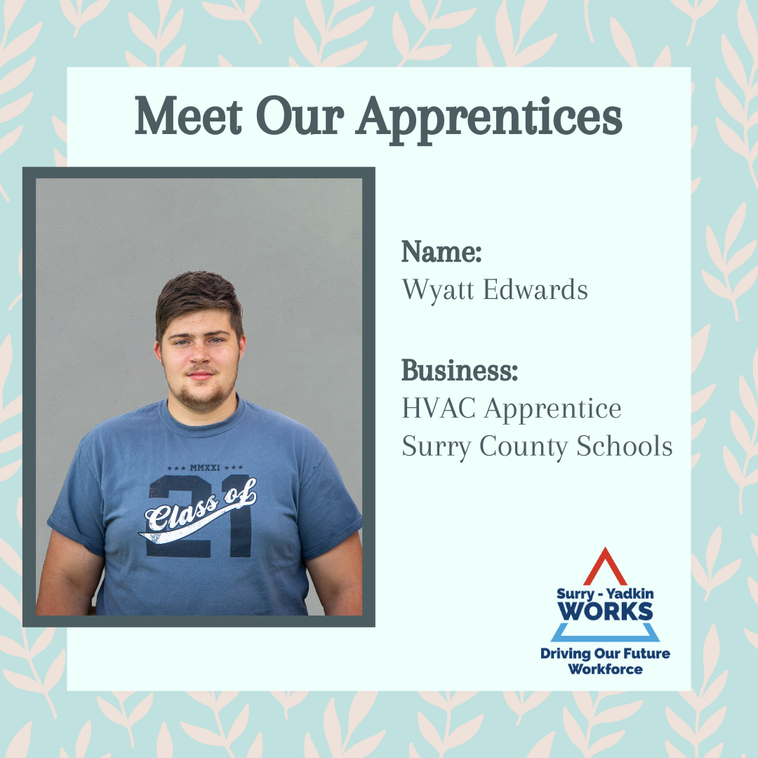 Surry-Yadkin Works Logo: Surry-Yadkin Works, Driving Our Future Workforce. Headshot photo of a person. Image text says: Name, Wyatt Edwards. Business, Heating, Ventilation, and Air Conditioning Apprentice. Surry County Schools.