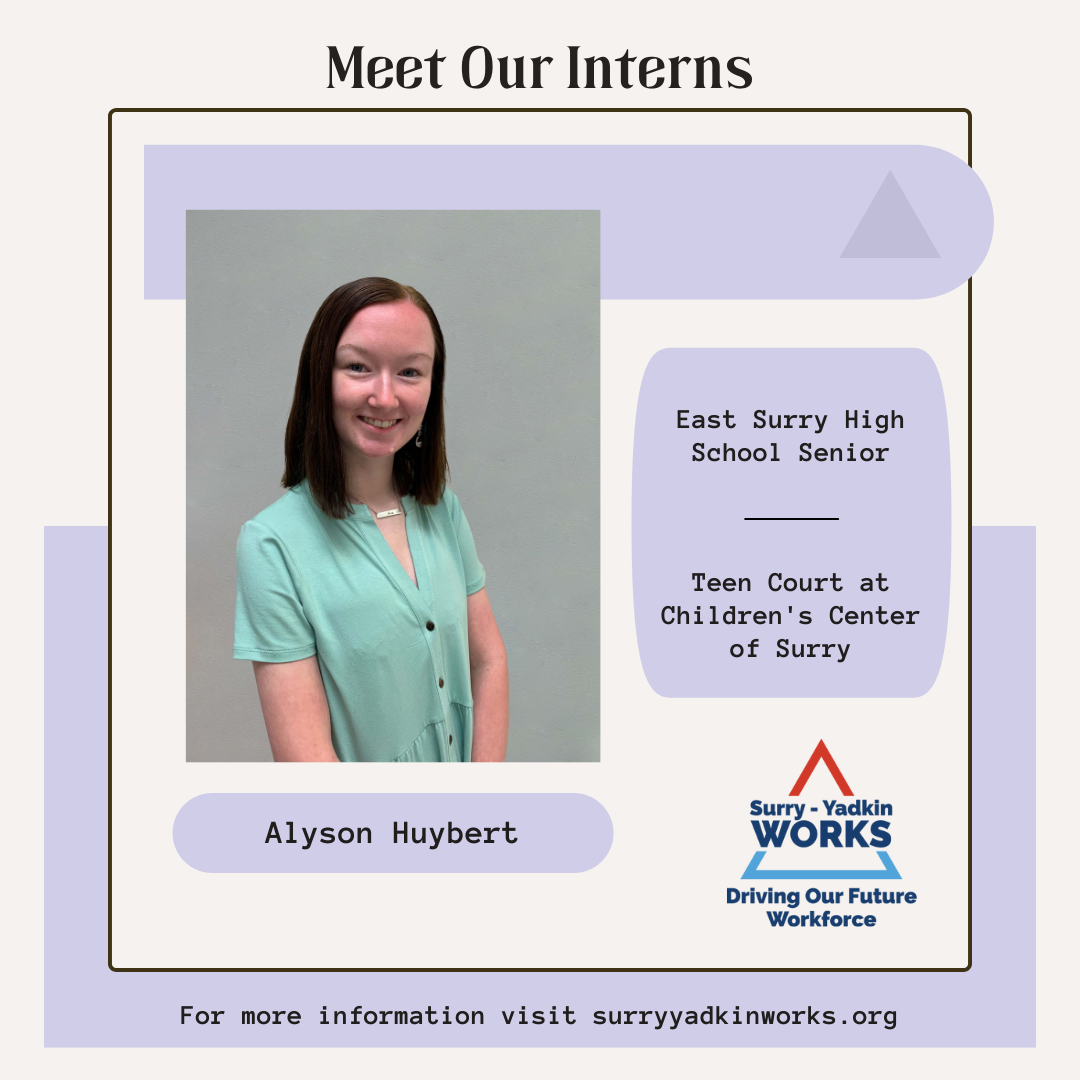 Image of the Surry-Yadkin Works Logo. Headshot photo of an intern. Image text says: Meet Our Interns. Alyson Huybert, East Surry High School Senior. Teen Court at Children's Center of Surry. For more information visit SurryYadkinWorks.org.