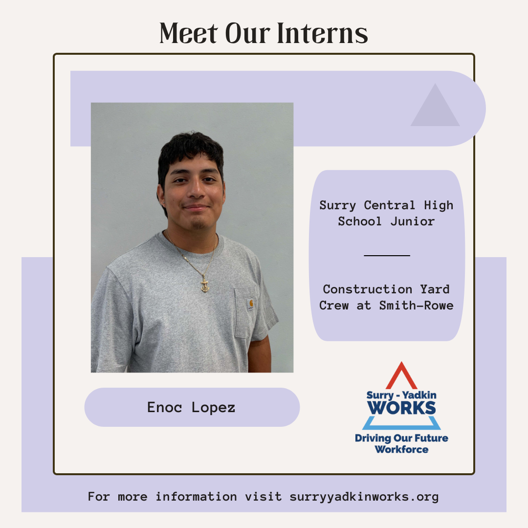 Image of the Surry-Yadkin Works Logo. Headshot photo of an intern. Image text says: Meet Our Interns. Enoc Lopez, Surry Central High School Junior. Construction Yard Crew at Smith-Rowe. For more information visit SurryYadkinWorks.org.