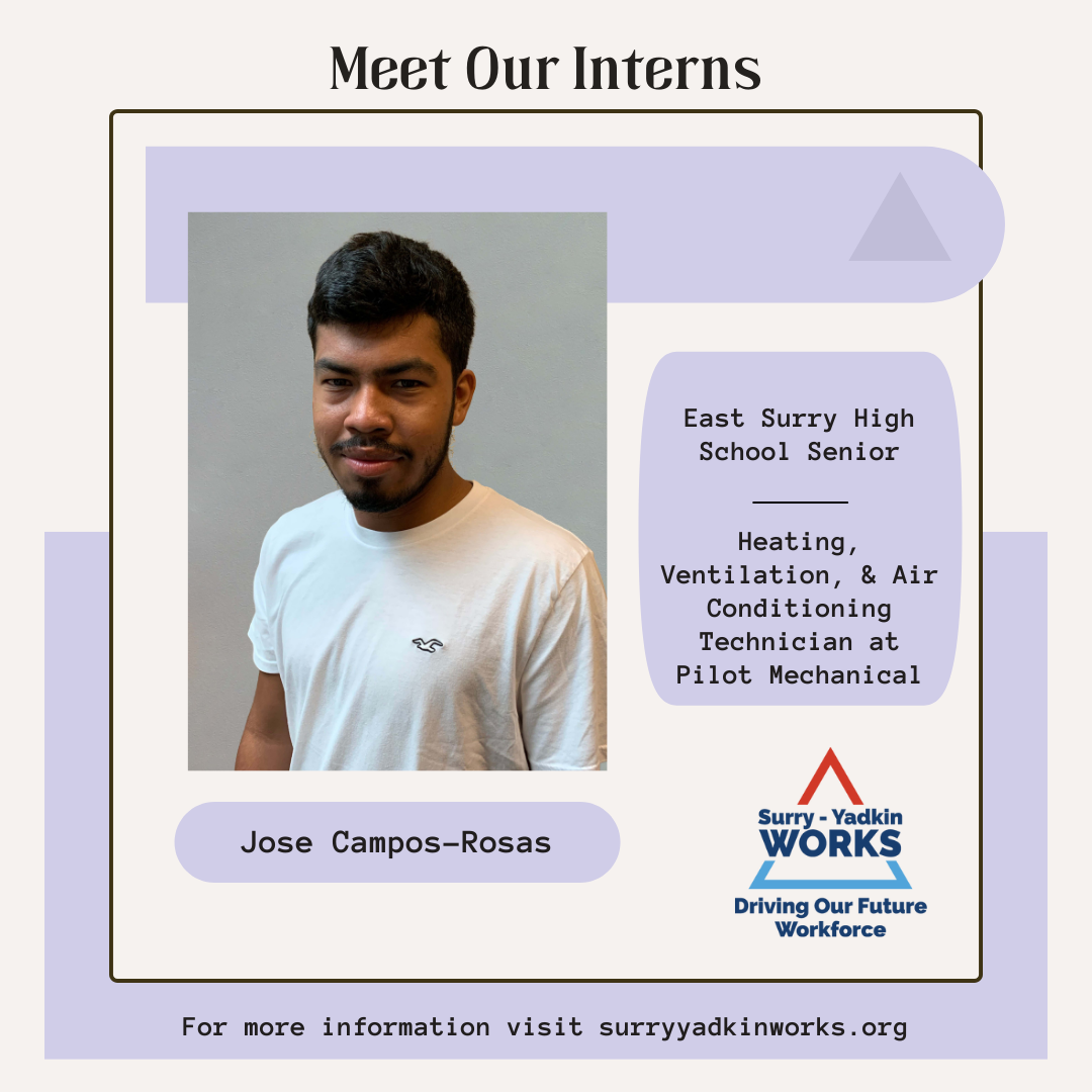 Image of the Surry-Yadkin Works Logo. Headshot photo of an intern. Image text says: Meet Our Interns. Jose Campos-Rosas, East Surry High School Senior. Heating, and Ventilation, & Air Conditioning Technician at Pilot Mechanical. For more information visit SurryYadkinWorks.org.