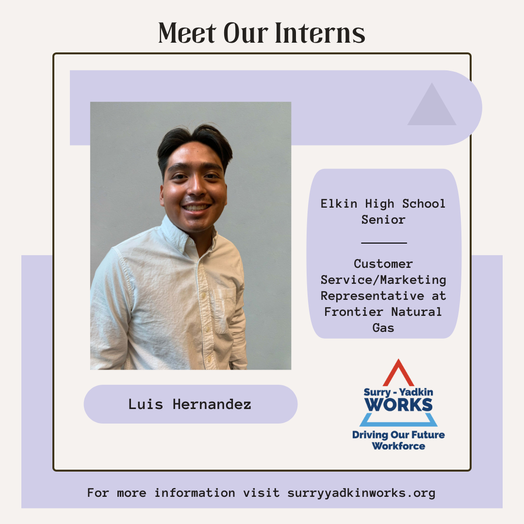 Image of the Surry-Yadkin Works Logo. Headshot photo of an intern. Image text says: Meet Our Interns. Luis Hernandez, Elkin High School Senior. Customer Service/Marketing Representative at Frontier Natural Gas. For more information visit SurryYadkinWorks.org.