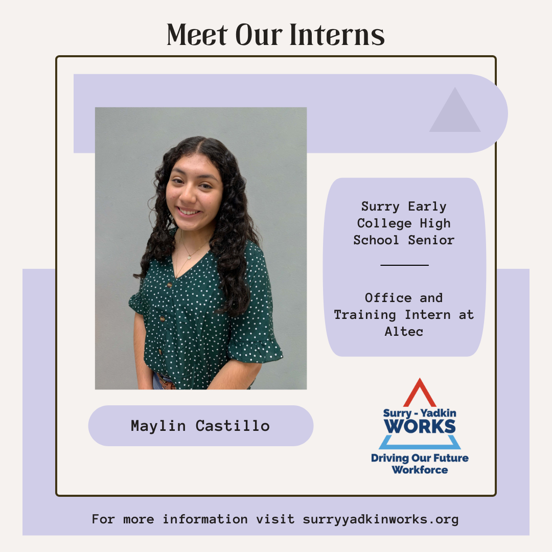 Image of the Surry-Yadkin Works Logo. Headshot photo of an intern. Image text says: Meet Our Interns. Meet Our Interns. Maylin Castillo, Surry Early College High School Senior. Office and Training Intern at Altec. For more information visit SurryYadkinWorks.org.