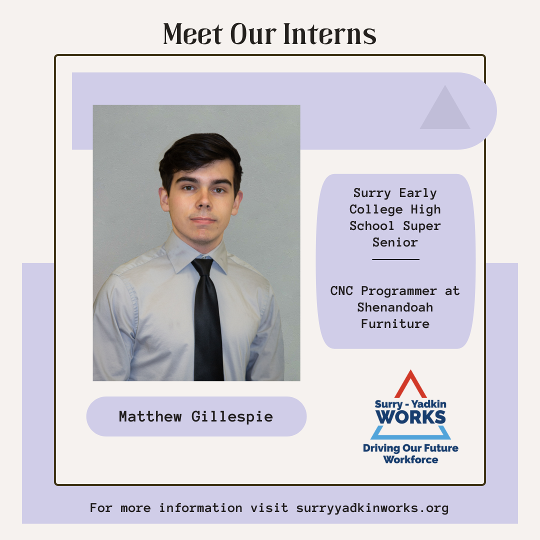 Image of the Surry-Yadkin Works Logo. Headshot photo of an intern. Image text says: Meet Our Interns. Matthew Gillespie, Surry Early College High School Super Senior, CNC Programmer at Shenandoah Furniture. For more information visit SurryYadkinWorks.org.