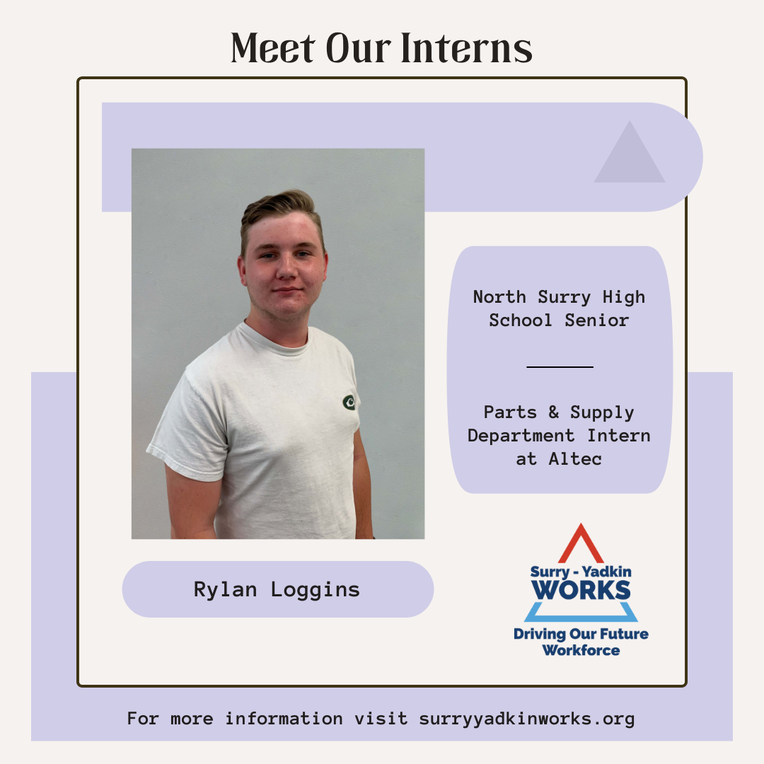 Image of the Surry-Yadkin Works Logo. Headshot photo of an intern. Image text says: Meet Our Interns. Rylan Loggins, North Surry High School Senior. Parts & Supply Department Intern at Altec. For more information visit SurryYadkinWorks.org.