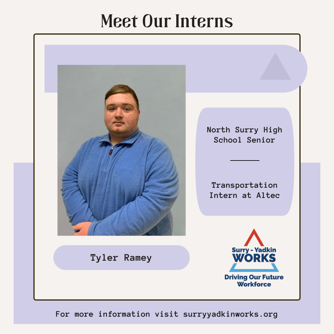 Image of the Surry-Yadkin Works Logo. Headshot photo of an intern. Image text says: Meet Our Interns. Tyler Ramey, North Surry High School Senior. Transportation Intern at Altec. For more information visit SurryYadkinWorks.org.