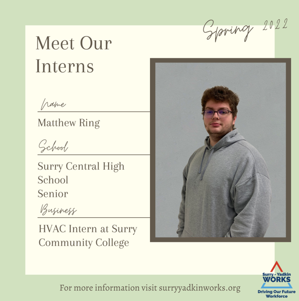 Image of the Surry-Yadkin Works Logo: Surry-Yadkin Works, Driving Our Future Workforce.  Headshot photo of an intern.  Image text says: Spring 2022. Meet Our Interns. Name, Matthew Ring. School, Surry Central High School Senior. Business, Heating, Ventilation, and Air Conditioning at Surry Community College. For more information visit SurryYadkinWorks.org.