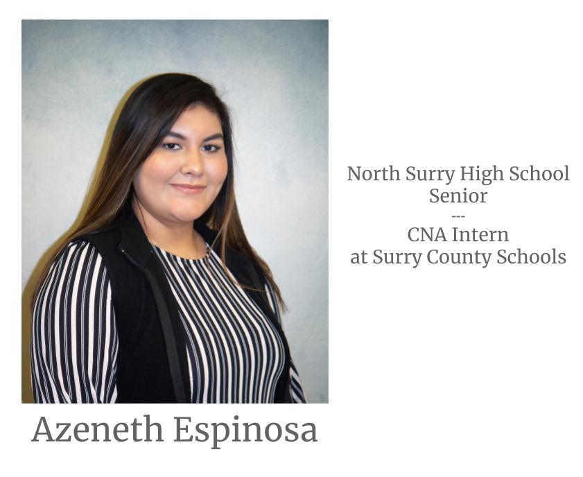 Headshot image of an intern. Image text says: Azeneth Espinosa, North Surry High School Senior. Certified Nursing Assistant (CNA) Intern at Surry County Schools.