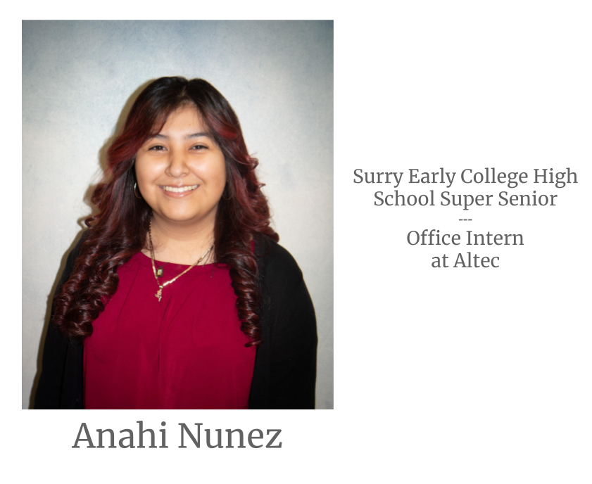 Headshot image of an intern. Image text says: Anahi Nunez, Surry Early College High School Super Senior.