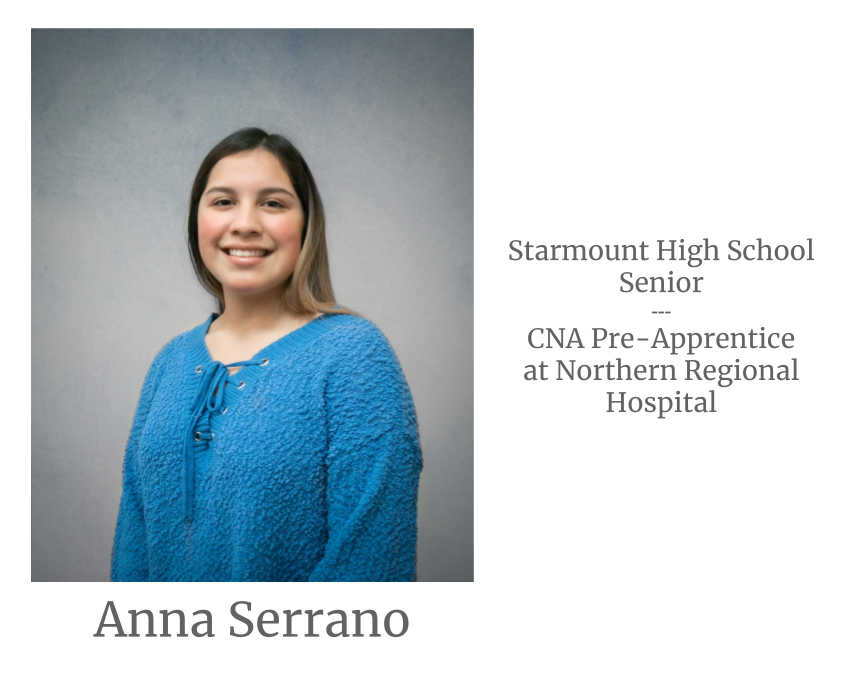 Headshot image of an intern. Image text says: Anna Serrano, Starmount High School Senior. Certified Nursing Assistant (CNA) Pre-Apprentice at Northern Regional Hospital.