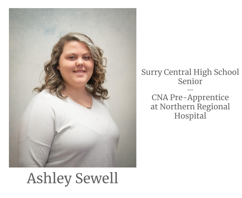 Headshot image of an intern. Image text says: Ashley Sewell, Surry Central High School Senior. Certified Nursing Assistant (CNA) Pre-Apprentice at Northern Regional Hospital.