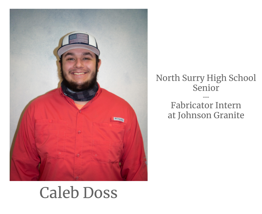 Headshot image of an intern. Image text says: Caleb Doss, North Surry High School Senior. Fabricator Intern at Johnson Granite.