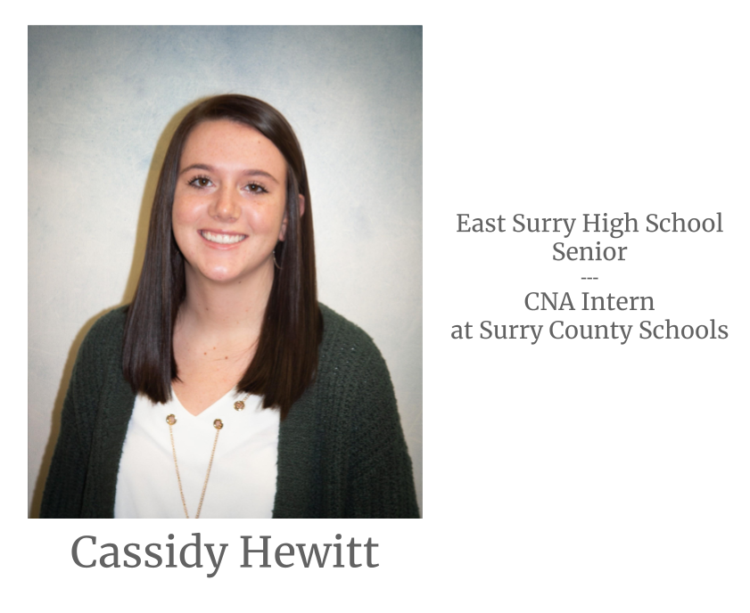 Headshot image of an intern. Image text says: Cassidy Hewitt, East Surry High School Senior. Certified Nursing Assistant (CNA) Intern at Surry County Schools.
