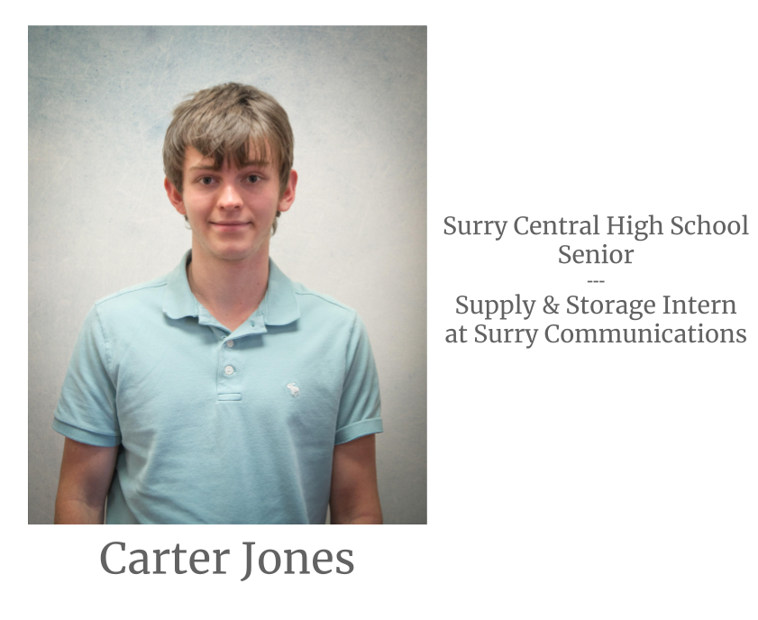Headshot image of an intern. Image text says: Carter Jones, Surry Central High School Senior, Supply & Storage Intern at Surry Communications.