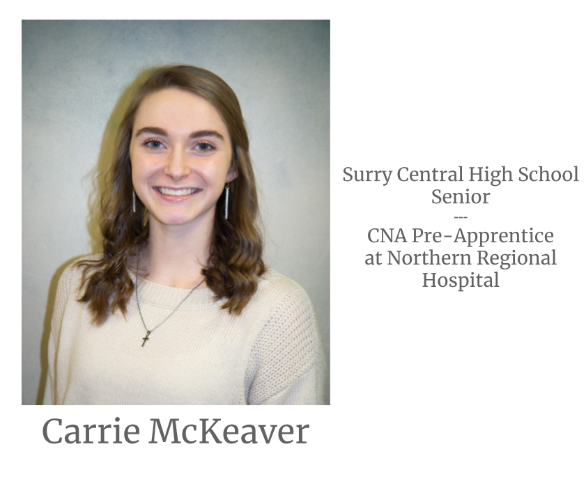 Headshot image of an intern. Image text says: Carrie McKeaver, Surry Central High School Senior. Certified Nursing Assistant (CNA) Pre-Apprentice at Northern Regional Hospital.