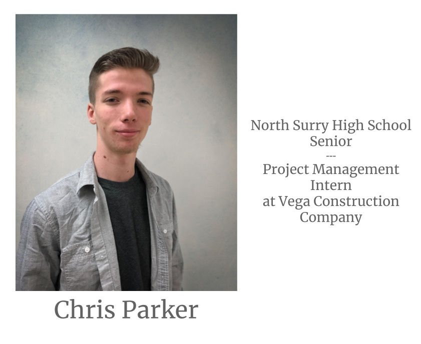 Headshot image of an intern. Image text says: Chris Parker, North Surry High School Senior. Project Management Intern at Vega Construction Company.