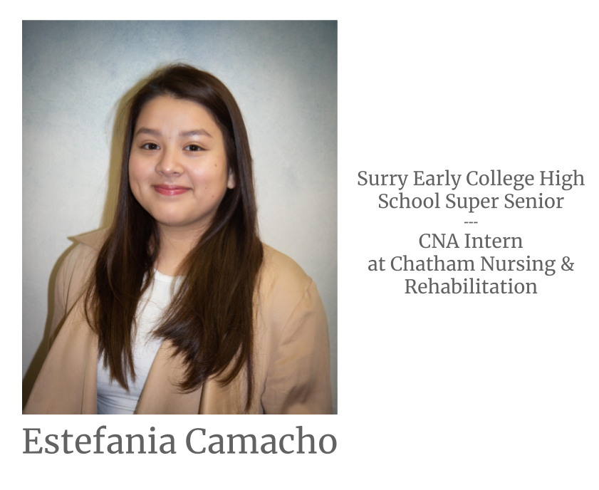 Headshot image of an intern. Image text says: Estefania Camacho, Surry Early College High School Super Senior. Certified Nursing Assistant (CNA) Intern at Chatham Nursing & Rehabilitation.