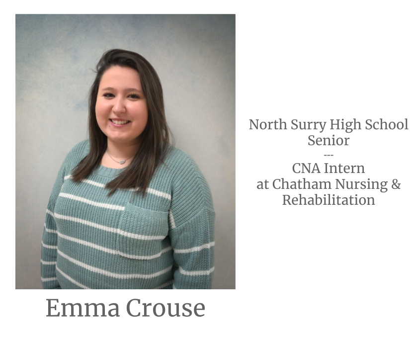 Headshot image of an intern. Image text says: Emma Crouse, North Surry High School Senior. Certified Nursing Assistant (CNA) Intern at Chatham Nursing & Rehabilitation.