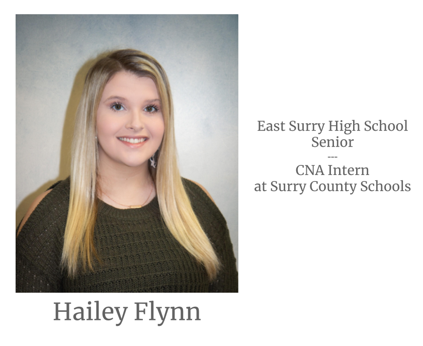 Headshot image of an intern. Image text says: Hailey Flynn East Surry High School Senior. Certified Nursing Assistant (CNA) Intern at Surry County Schools.