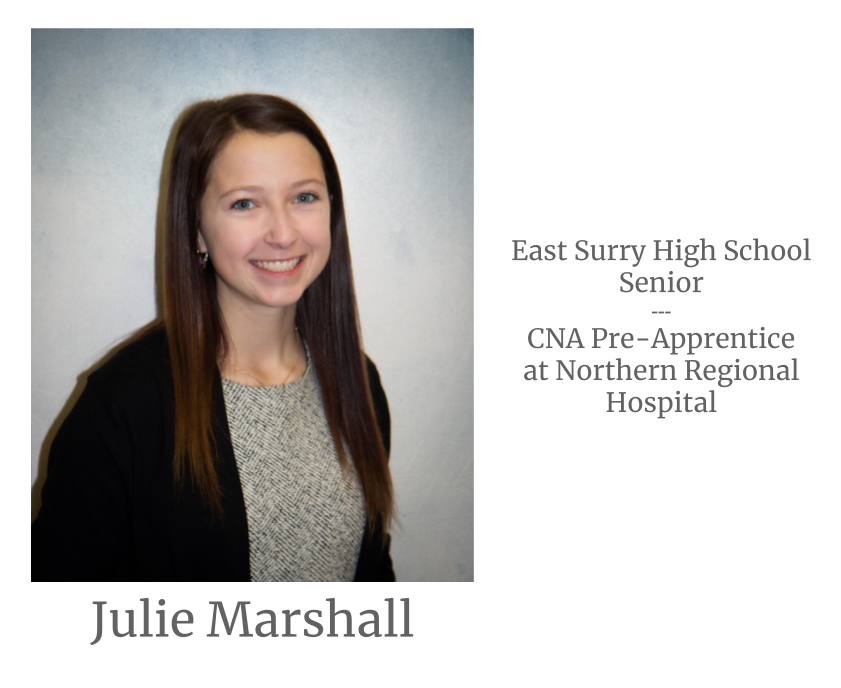 Headshot image of an intern. Image text says: Julie Marshall, East Surry High School Senior. Certified Nursing Assistant (CNA) Pre-Apprentice at Northern Regional Hospital.