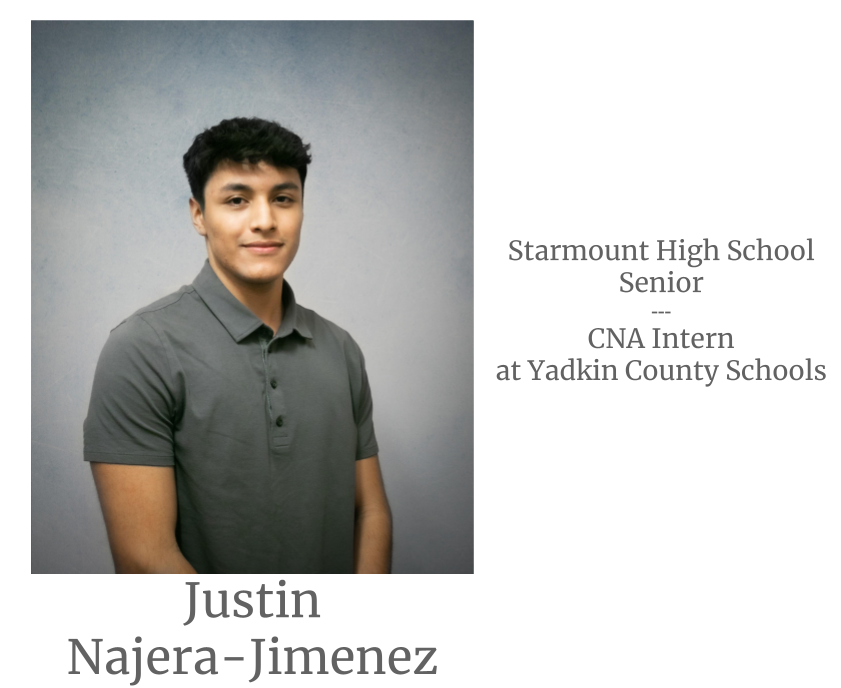 Headshot image of an intern. Image text says: Justin Najera-Jimenez, Starmount High School Senior. Certified Nursing Assistant (CNA) Intern at Yadkin County Schools.