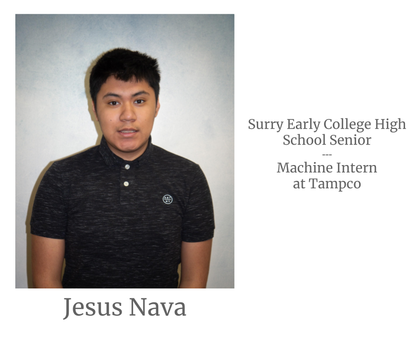 Headshot image of an intern. Image text says: Jesus Nava, Surry Early College High School Senior. Machine Intern at Tampco.