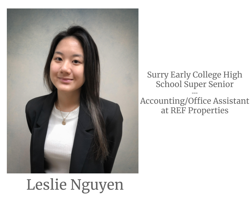 Image of Leslie Nguyen. Image text says: Leslie Nguyen, Surry Early College High School Super Senior. Accounting/Office Assistant at REF Properties.