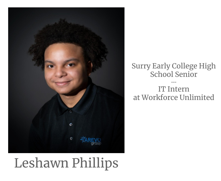 Headshot image of an intern. Image text says: Leshawn Phillips, Surry Early College High School Senior. Information Technology Intern at Workforce Unlimited.