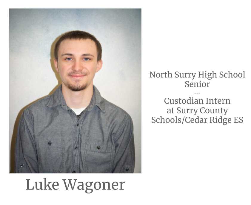 Headshot image of an intern. Image text says: Luke Wagoner, North Surry High School Senior. Custodian Intern at Surry County Schools/Cedar Ridge Elementary School.