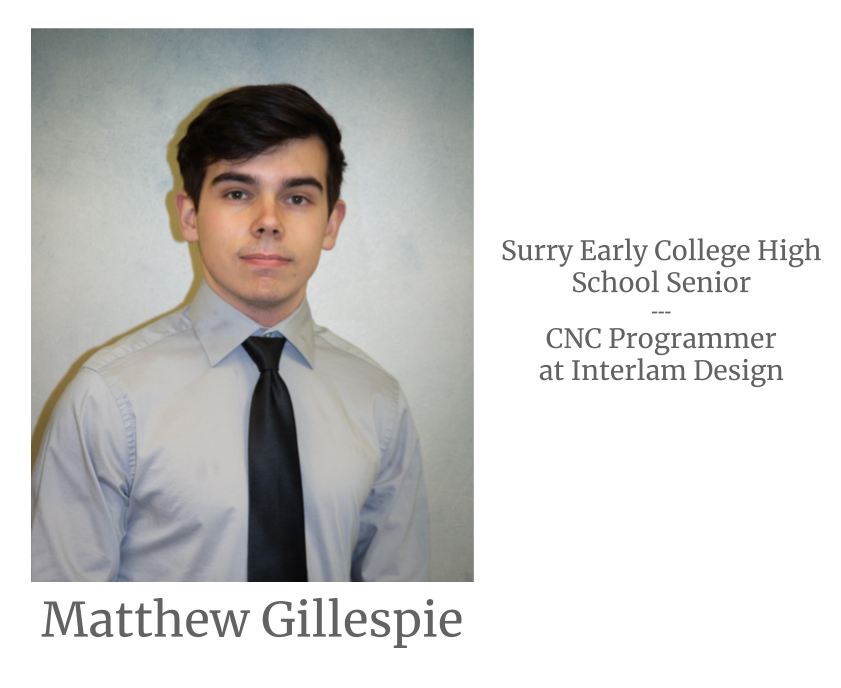 Headshot image of an intern. Image text says: Matthew Gillespie, Surry Early College High School Senior. Computer Numerical Control (CNC) Programmer at Interlam Design.