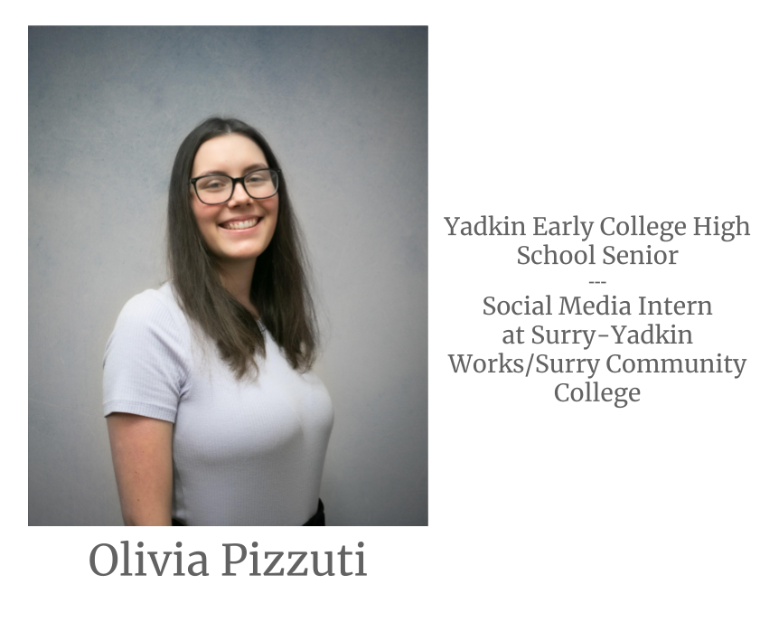 Headshot image of an intern. Image text says: Olivia Pizzuti, Yadkin Early College High School Senior. Social Media Intern at Surry-Yadkin Works/Surry Community College.