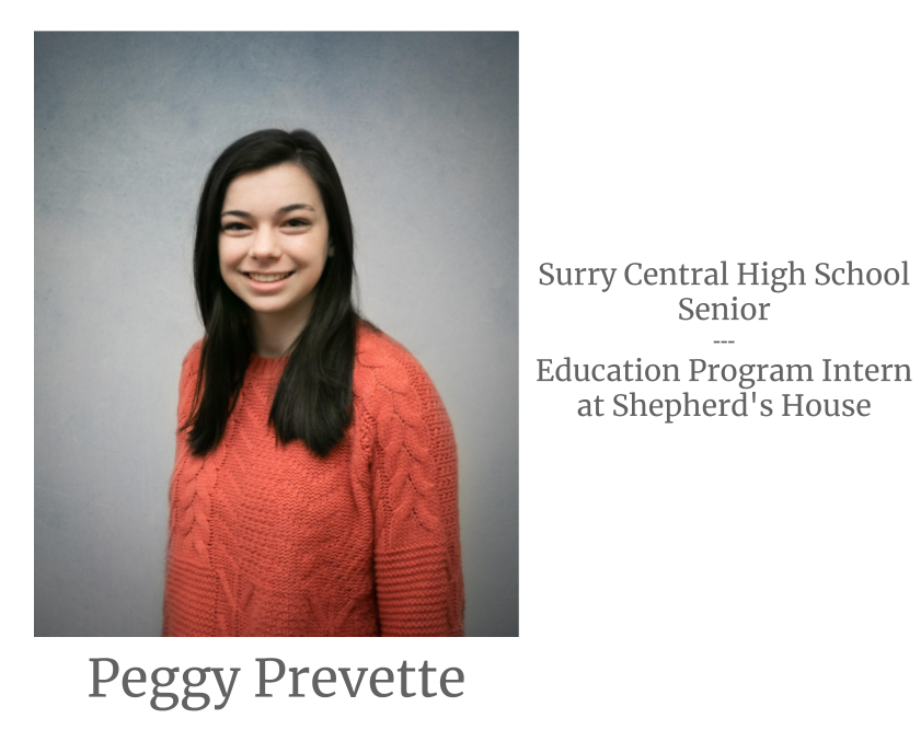 Headshot image of an intern. Image text says: Peggy Prevette, Surry Central High School Senior. Education Program Intern at Shepherd's House.