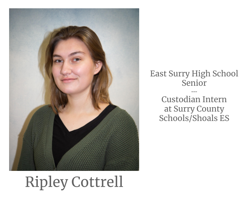 Headshot image of an intern. Image text says: Ripley Cottrell, East Surry High School Senior. Custodian Intern at Surry County Schools/Shoals Elementary School.