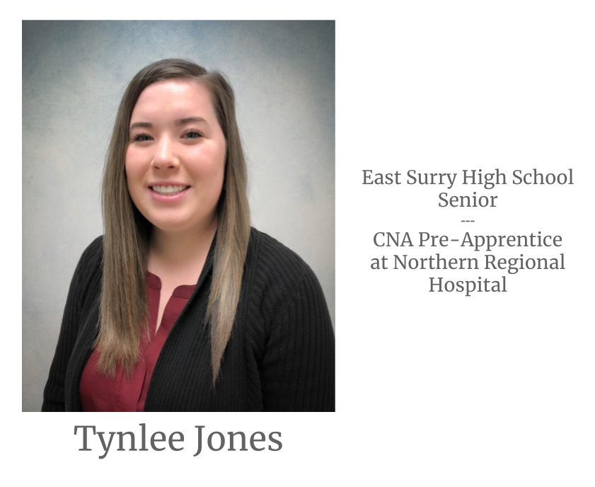 Headshot image of an intern. Image text says: Tynlee Jones, East Surry High School Senior. Certified Nursing Assistant (CNA) Pre-Apprentice at Northern Regional Hospital.
