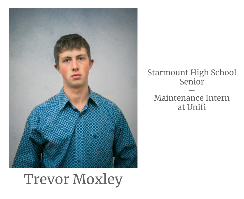 Headshot image of an intern. Image text says: Starmount High School Senior. Maintenance Intern at Unifi.