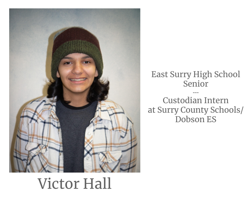 Headshot image of an intern. Image text says: Victor Hall, East Surry High School Senior. Custodian Intern at Surry County Schools/Dobson Elementary School.